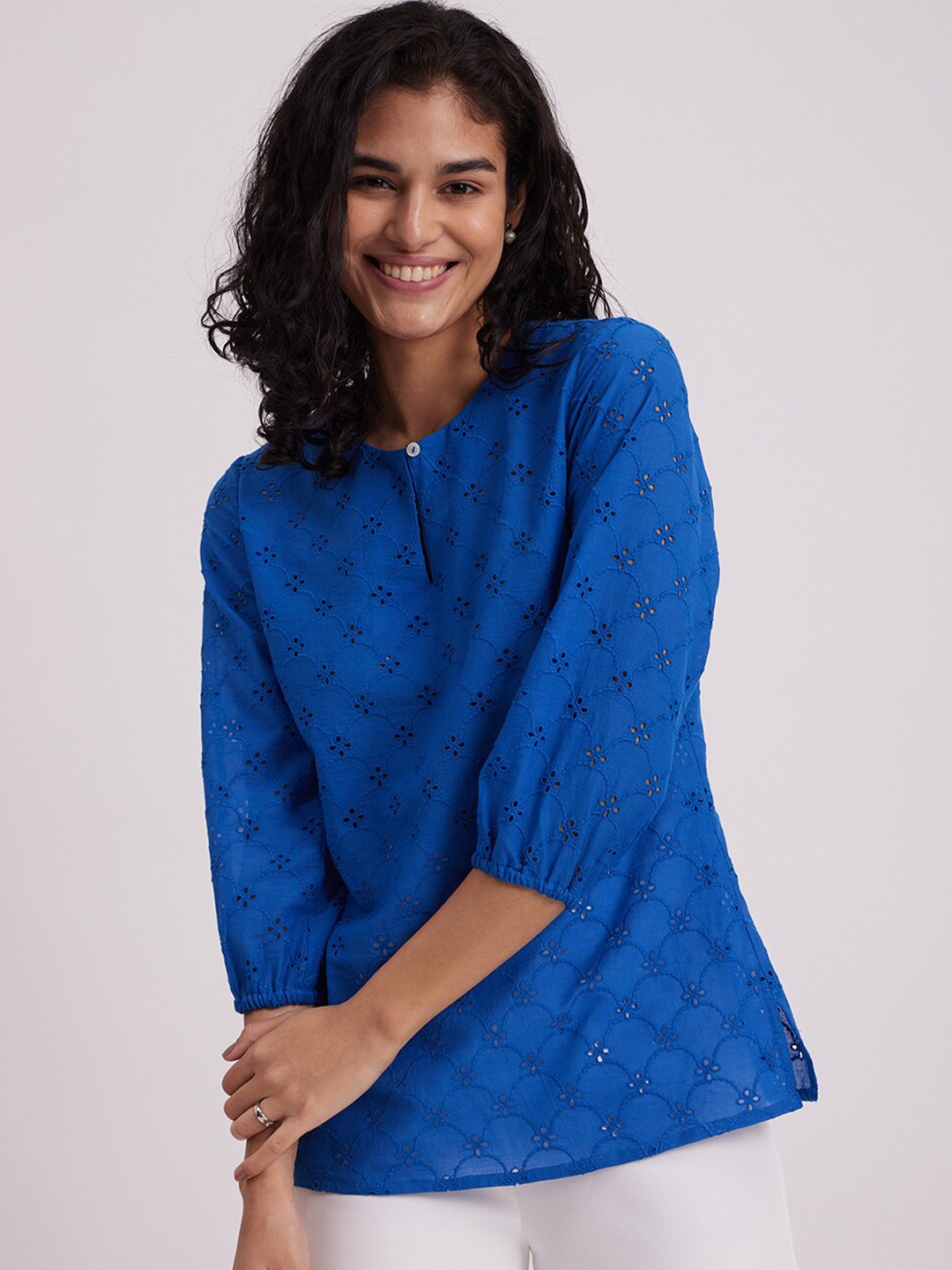

FableStreet Self Design Cotton Schiffli Top, Blue