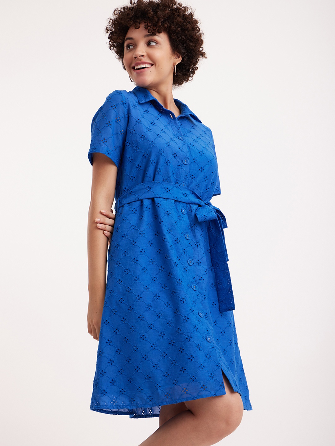 

FableStreet Self Designed Shirt Collar Cotton Schiffli Shirt Dress, Blue