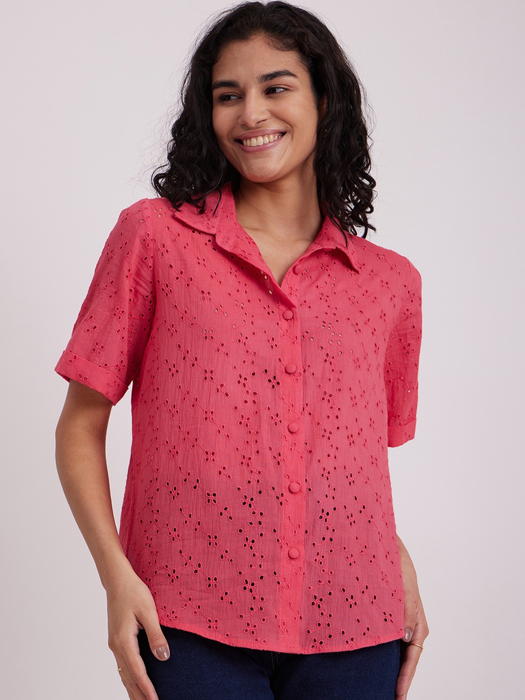 

FableStreet Self Design Pure Cotton Schiffli Casual Shirt, Pink