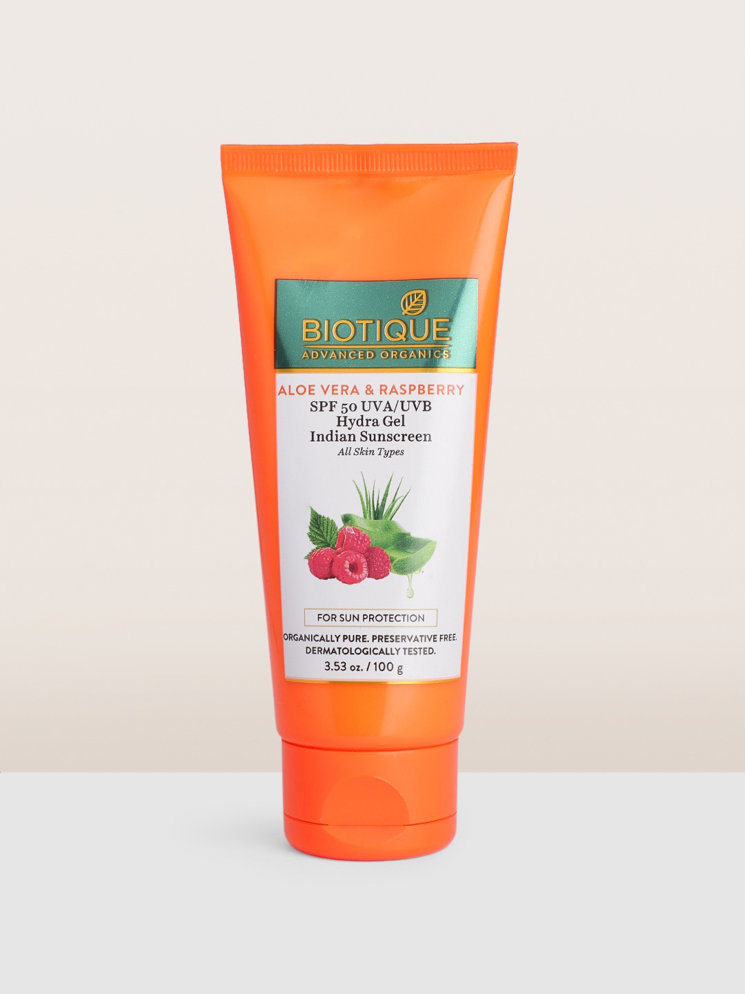 

Biotique Aloevera & Raspberry SPF50 Hydra Gel Indian Sunscreen - 100 g, Orange