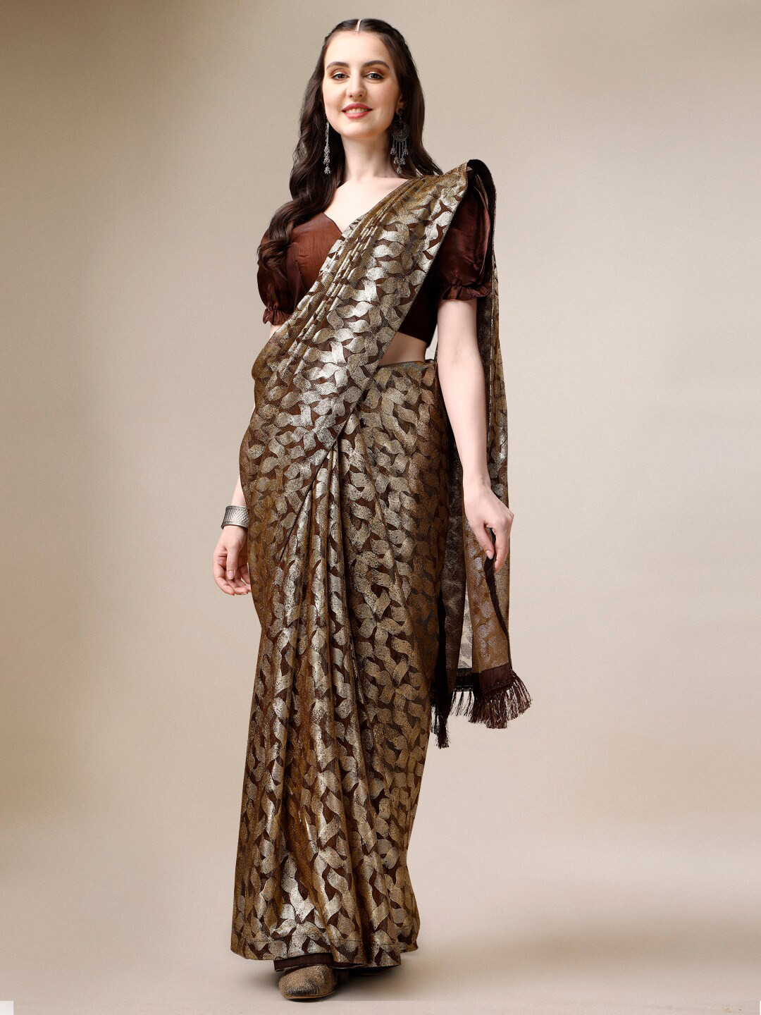 

Indian Women Floral Printed Saree, Coffee brown
