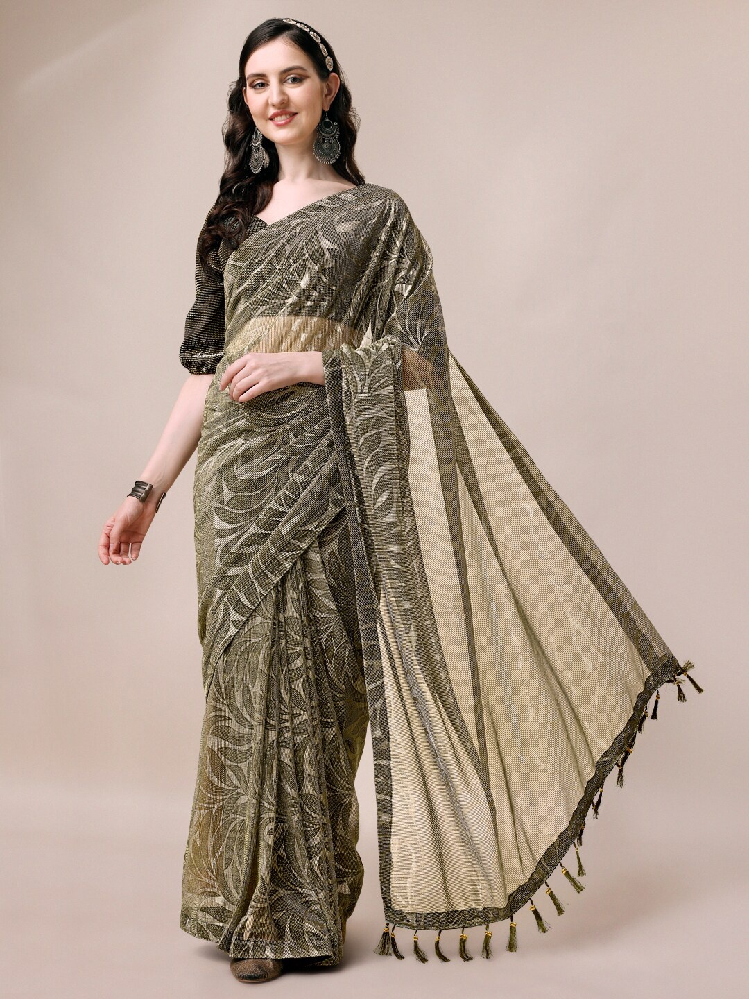 

Indian Women Floral Printed Silk Blend Saree, Green