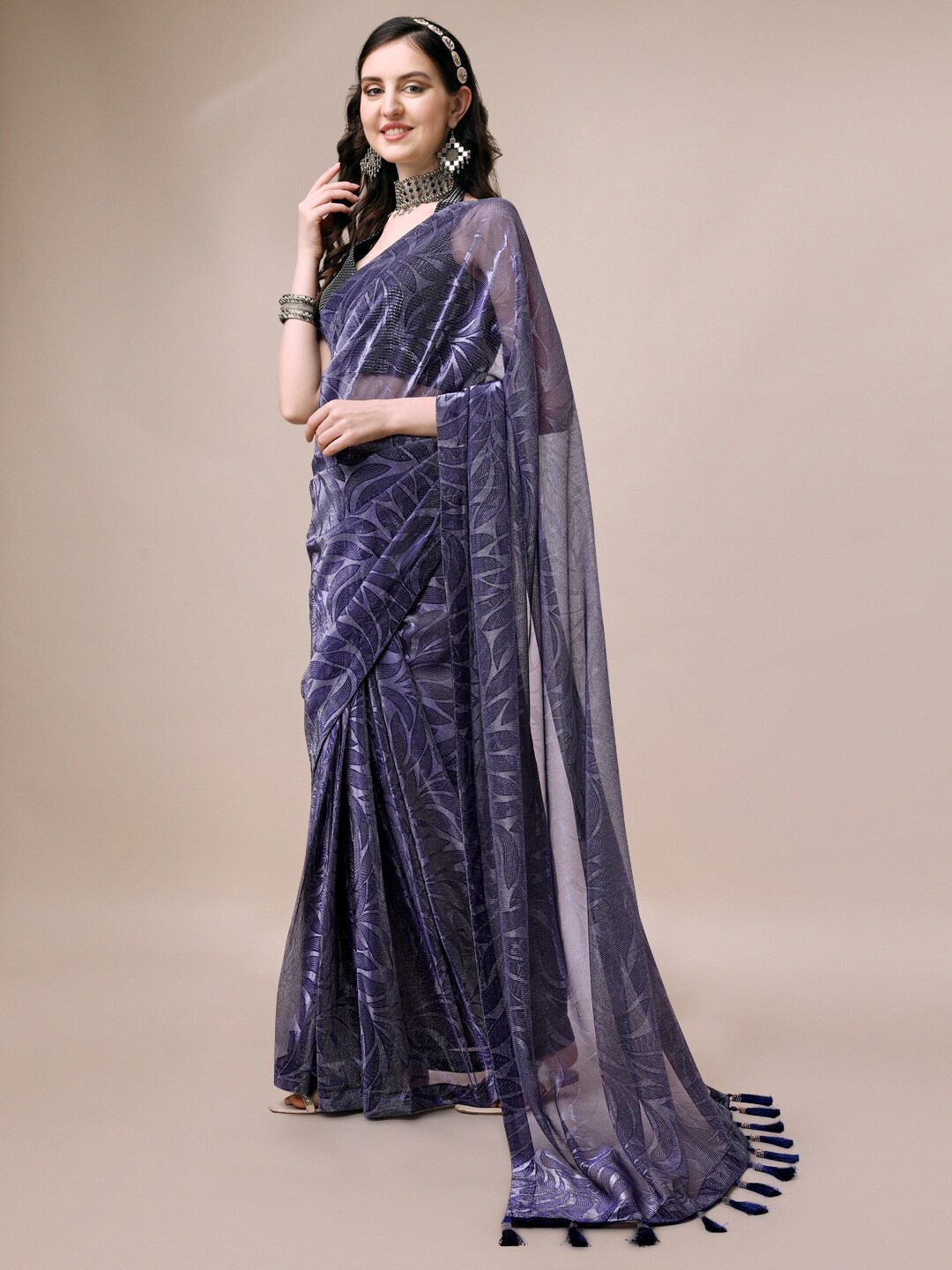 

Indian Women Floral Printed Silk Blend Saree, Blue