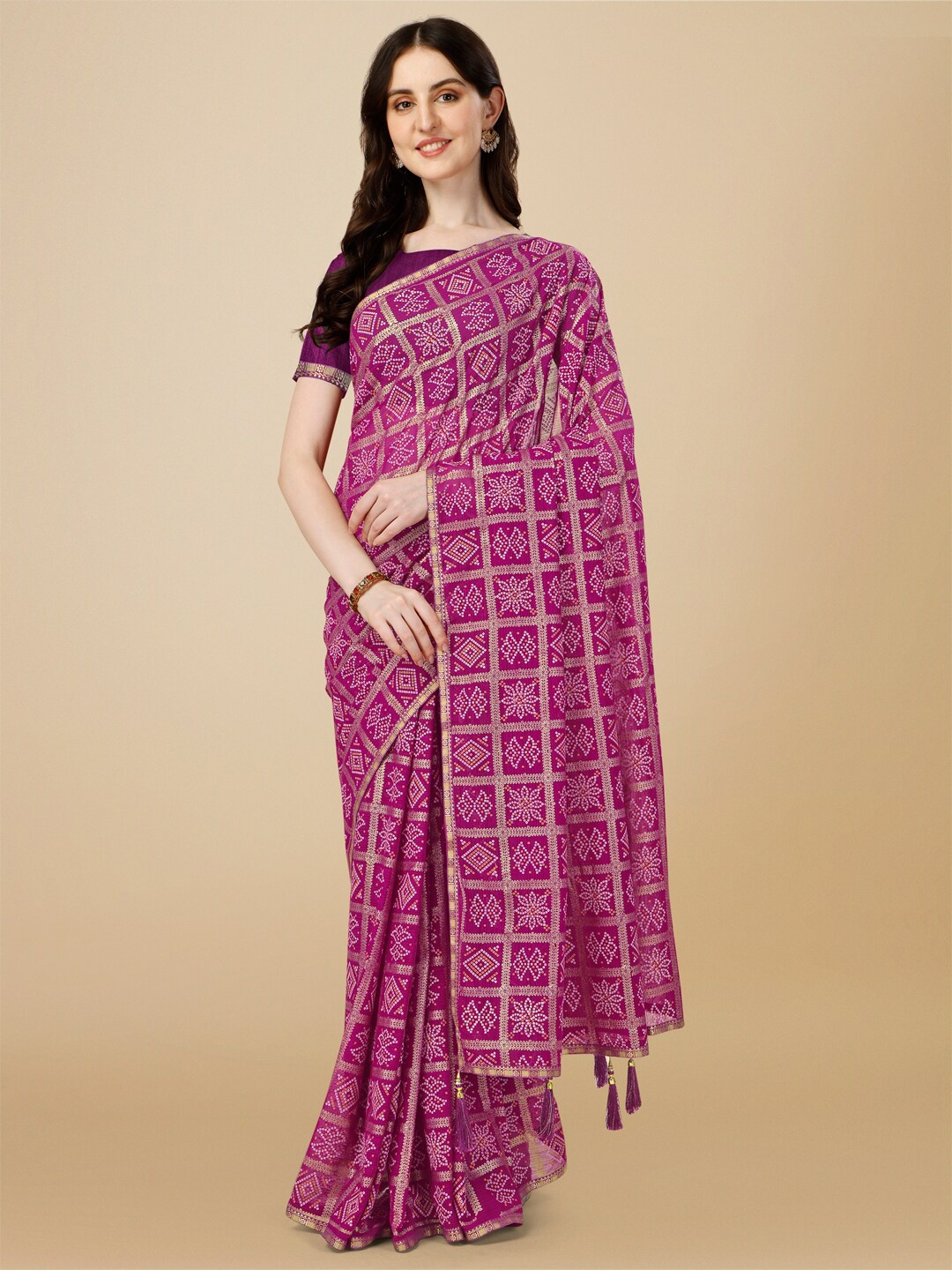 

Indian Women Bandhani Printed Zari Poly Chiffon Saree, Purple