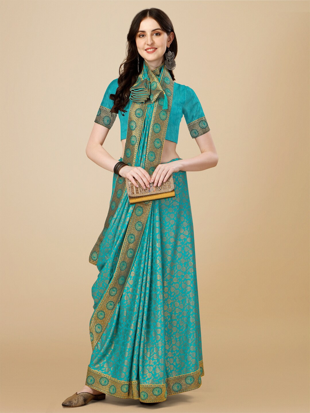 

Indian Women Floral Printed Zari Silk Blend Saree, Turquoise blue