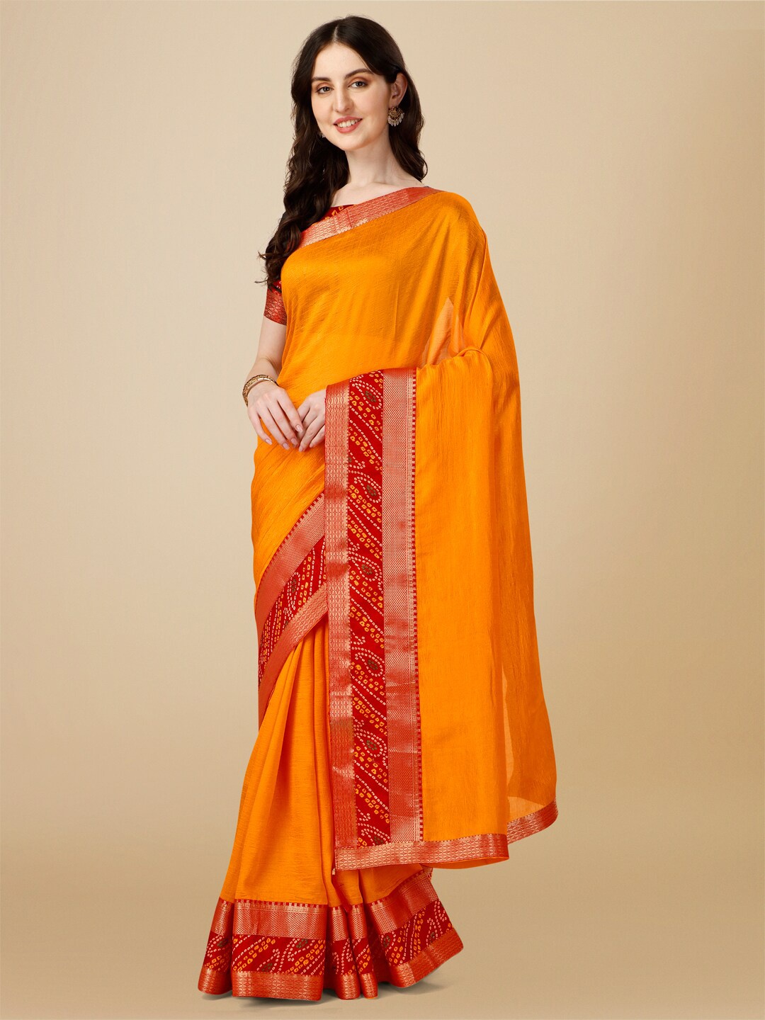 

Indian Women Woven Design Border Zari Silk Blend Bandhani Saree, Yellow