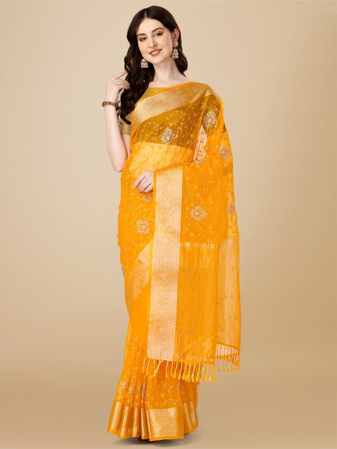 Indian Women Ethnic Motifs Embroidered Organza Saree, Yellow