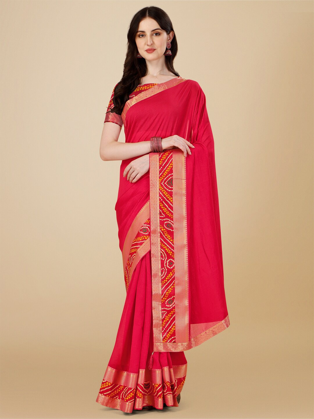 

Indian Women Zari Silk Blend Bandhani Saree, Pink
