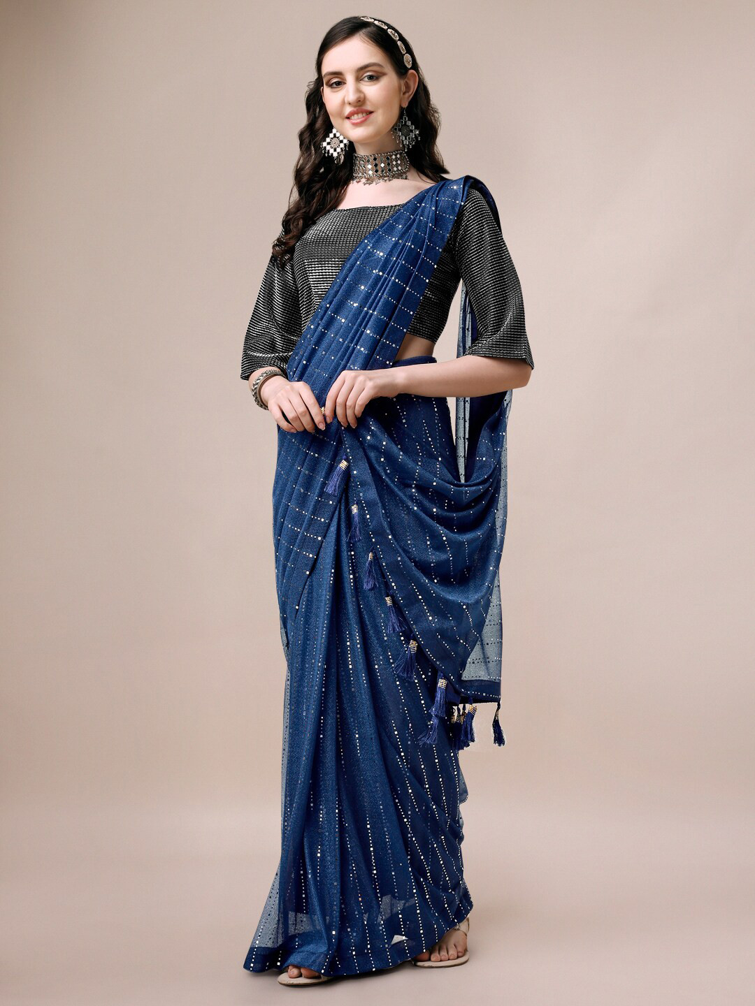 

Indian Women Embellished Tasselled Silk Blend Saree, Blue