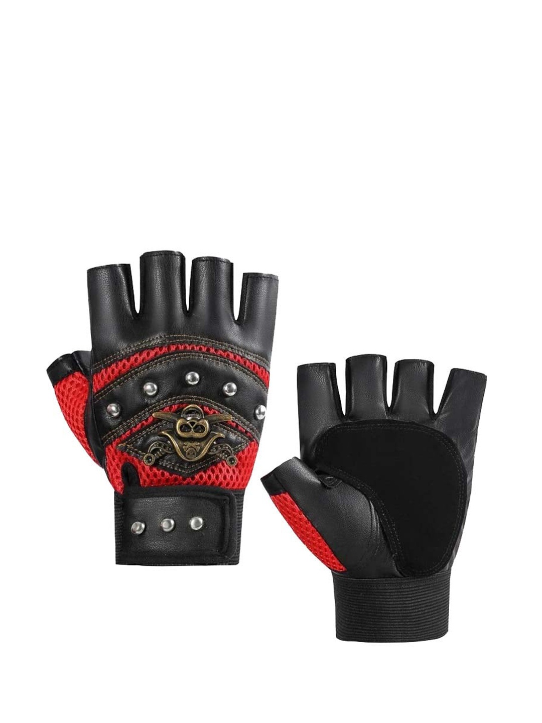 

Alexvyan Men Pirates Embellished Protective Half Finger Gloves, Red