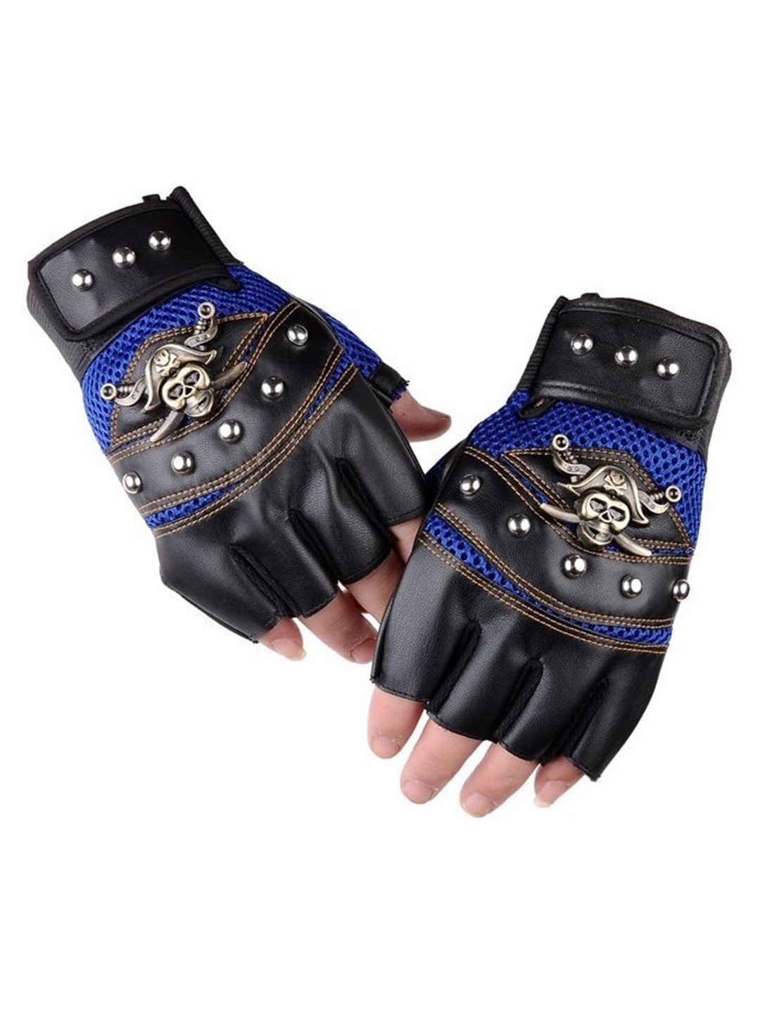 

Alexvyan Men Pirates Embellished Protective Half-Finger Gloves, Blue