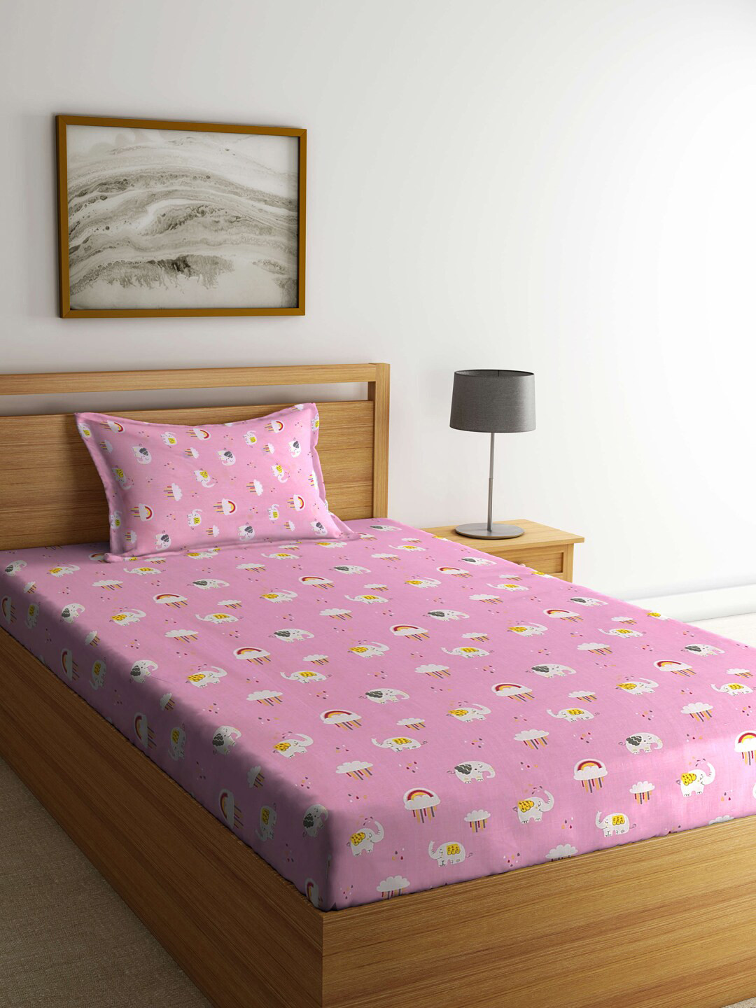

FABINALIV Pink & White Cartoon Characters Cotton 300 TC Single Bedsheet &1 Pillow Cover