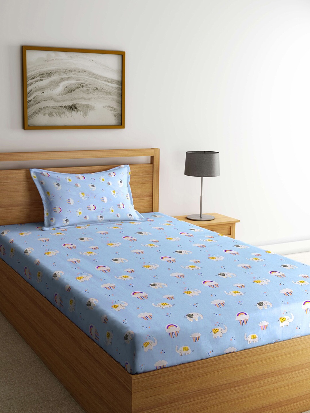 

FABINALIV Blue & White Cartoon Characters Cotton 300 TC Single Bedsheet &1 Pillow Cover