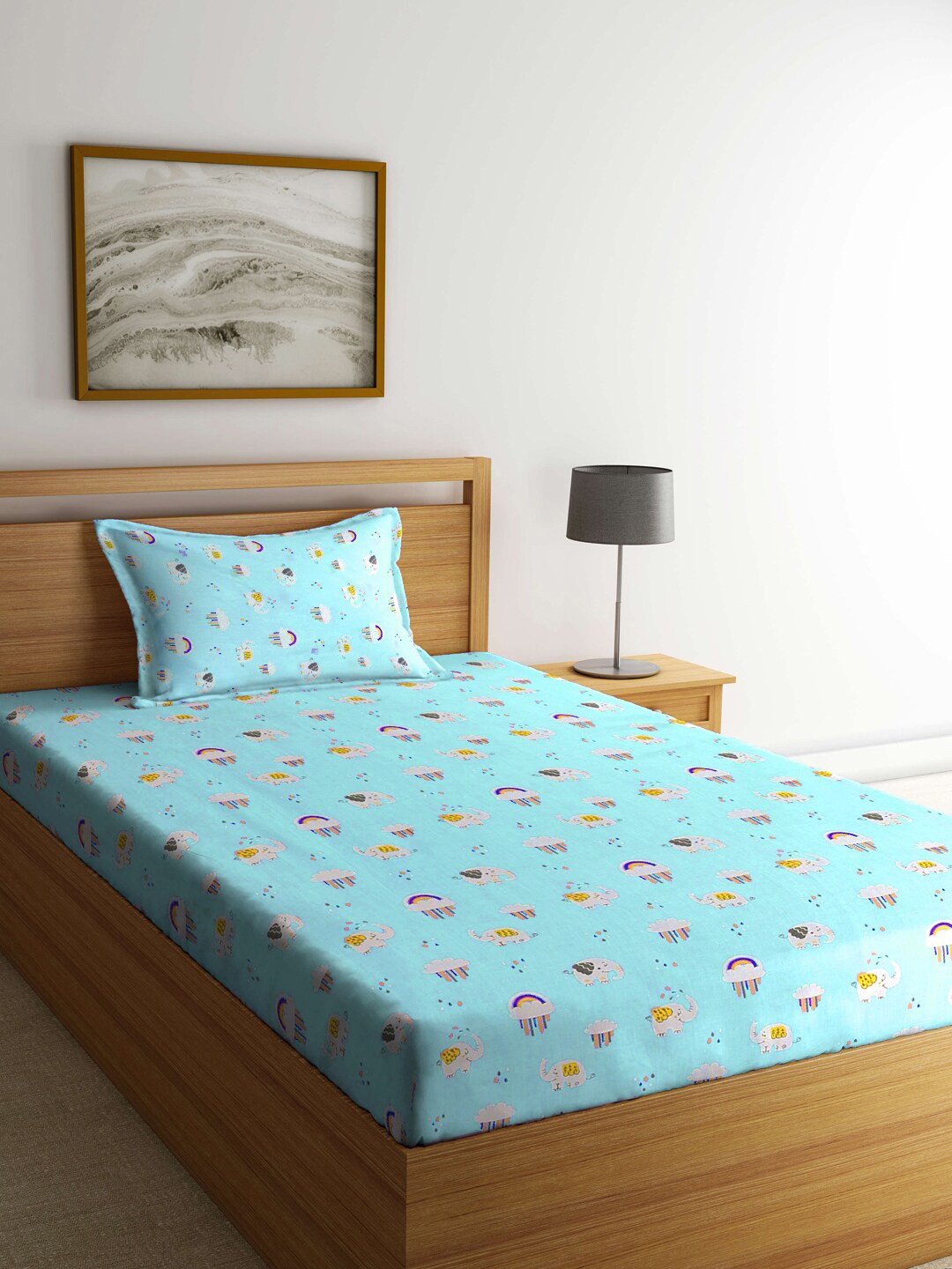 

FABINALIV Blue & White Cartoon Characters Cotton 300 TC Single Bedsheet &1 Pillow Cover