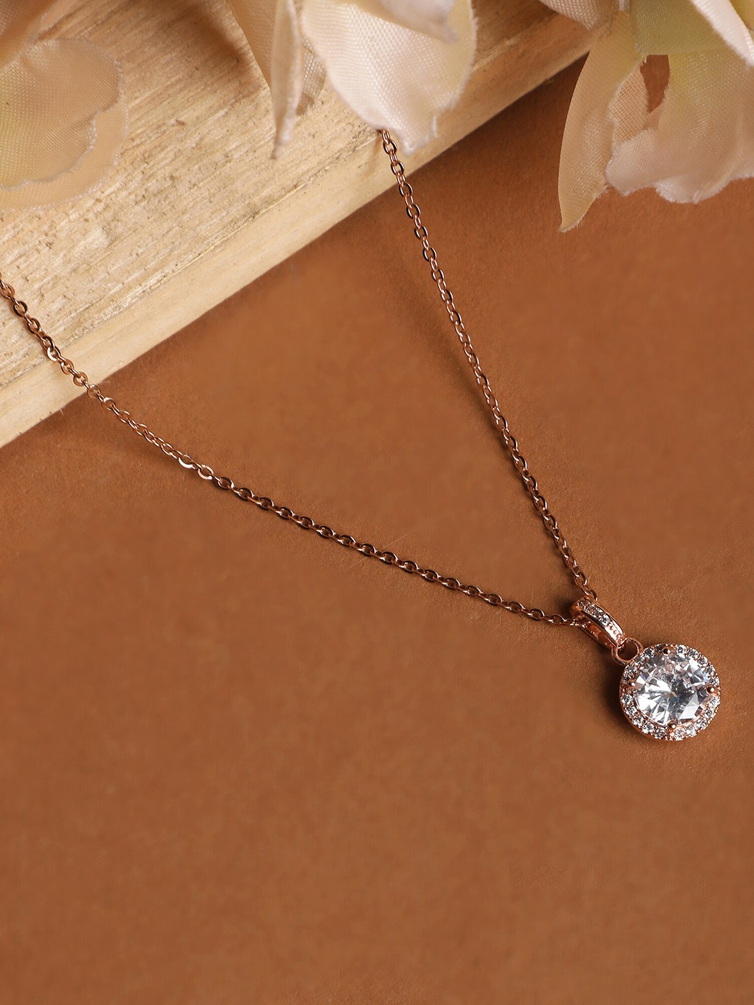 

ZaffreCollections Rose Gold-Plated Stone-Studded Round Pendant With Chain