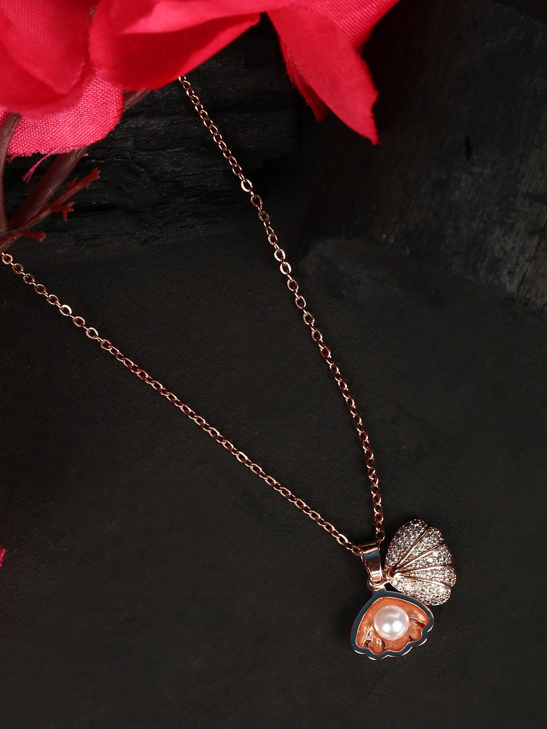 

ZaffreCollections Rose Gold-Plated Stone-Studded Shell Pendant With Chain