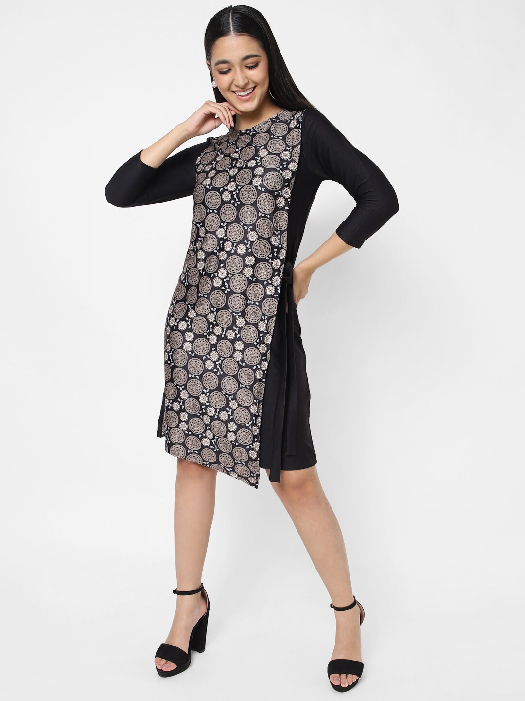 

VASTRADO Ethnic Motifs Printed Tie-Ups Sheath Dress, Black