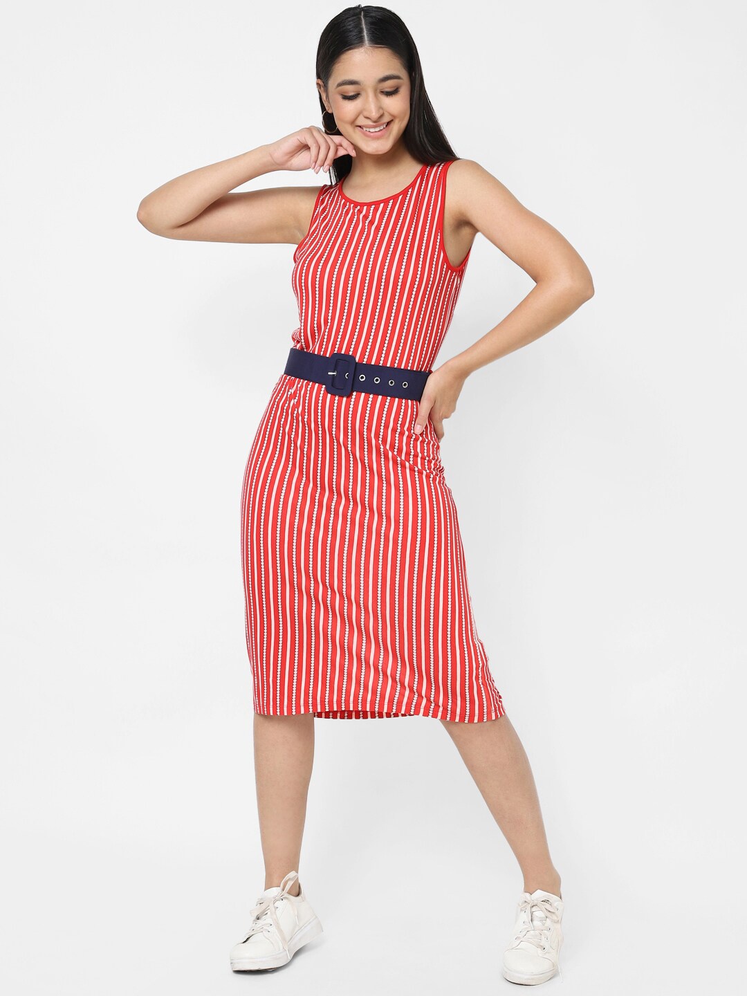 

VASTRADO Striped Sleeveless Belted Sheath Dress, Red