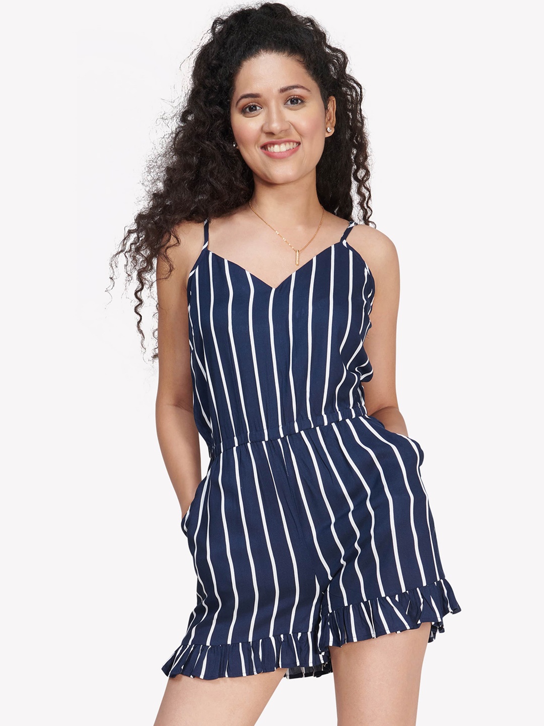 

VASTRADO Vertically Striped Ruffled Cinched Waist Playsuit, Navy blue