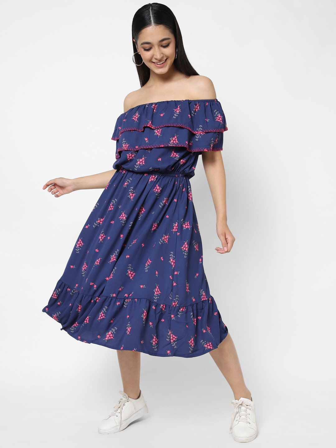 

VASTRADO Floral Printed Off-Shoulder Blouson Midi Dress, Navy blue
