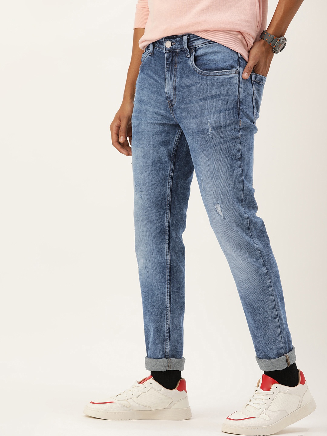 

Kook N Keech Men Tapered Fit Low Distress Heavy Fade Acid Wash Jeans, Blue