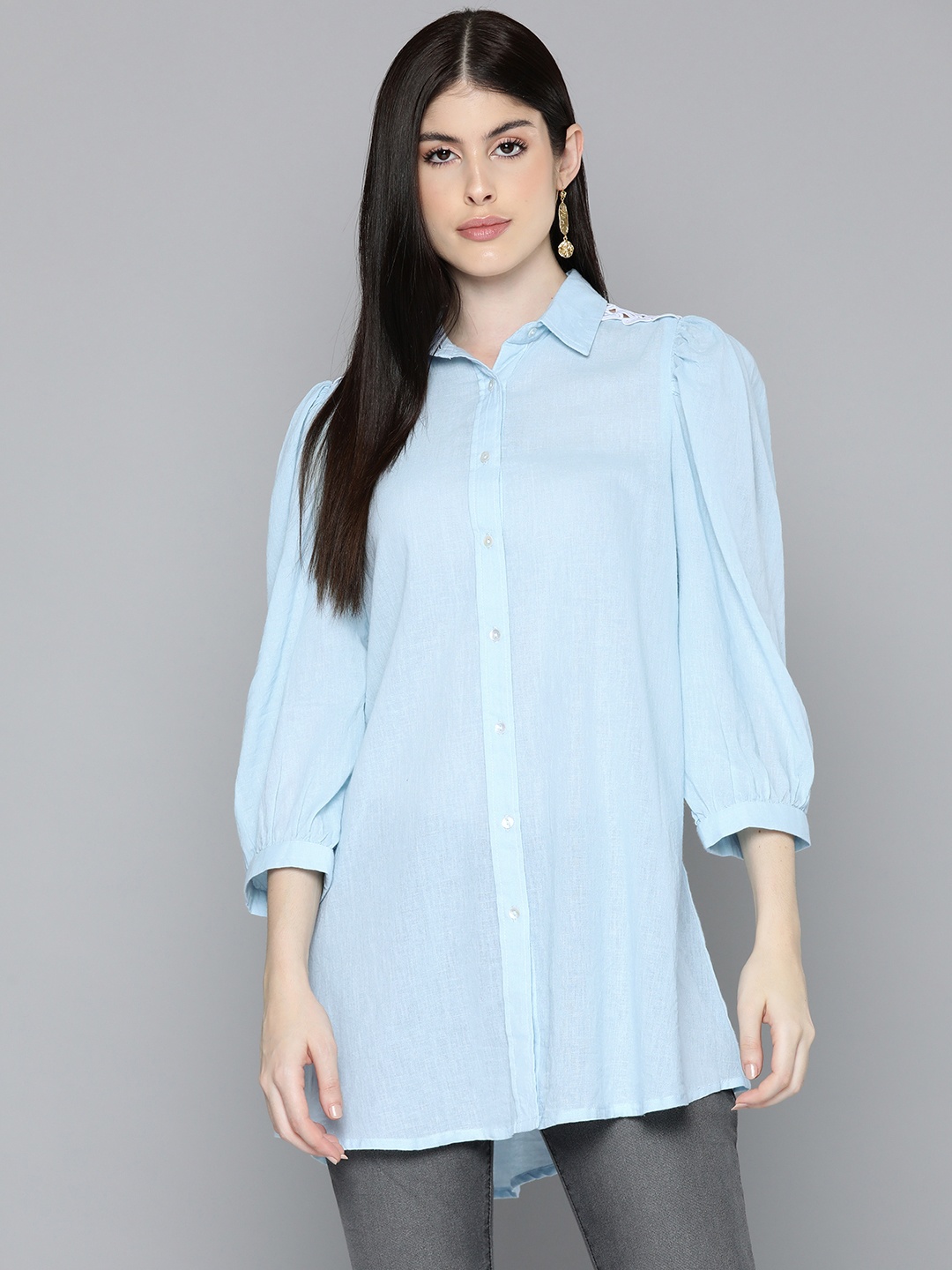 

SCOUP Lace Detail Shirt Collar Cotton Tunic, Turquoise blue