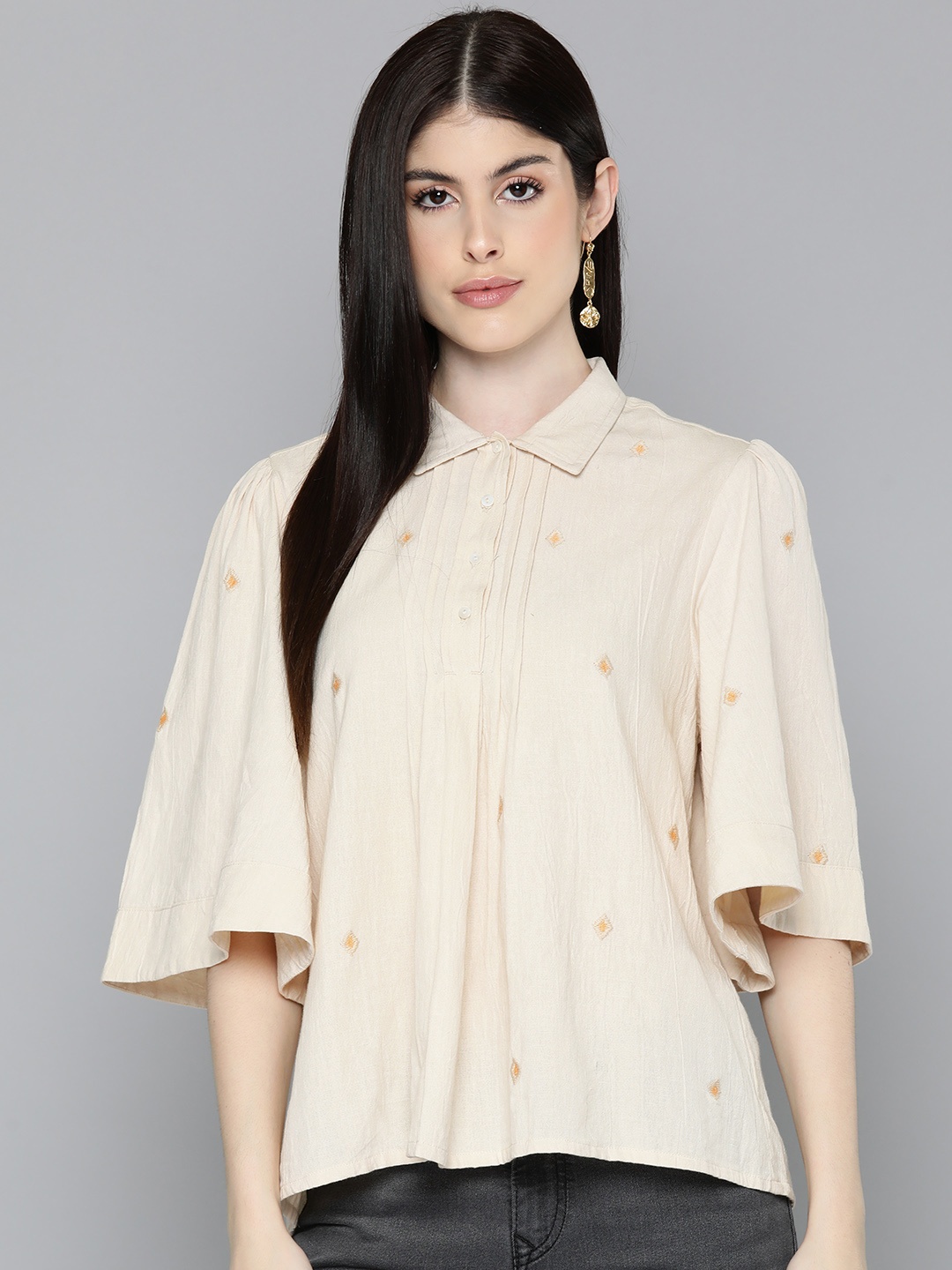 

SCOUP Geometric Embroidered Flared Sleeve Cotton Shirt Style Top, Off white