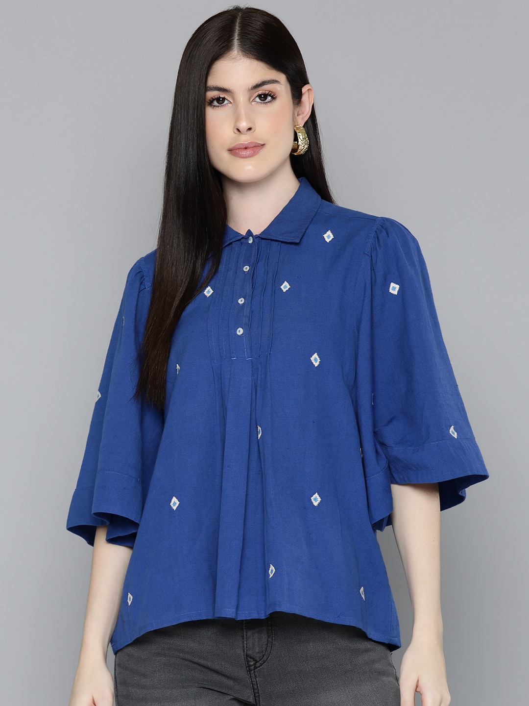 

SCOUP Geometric Embroidered Flared Sleeve Cotton Shirt Style Top, Blue