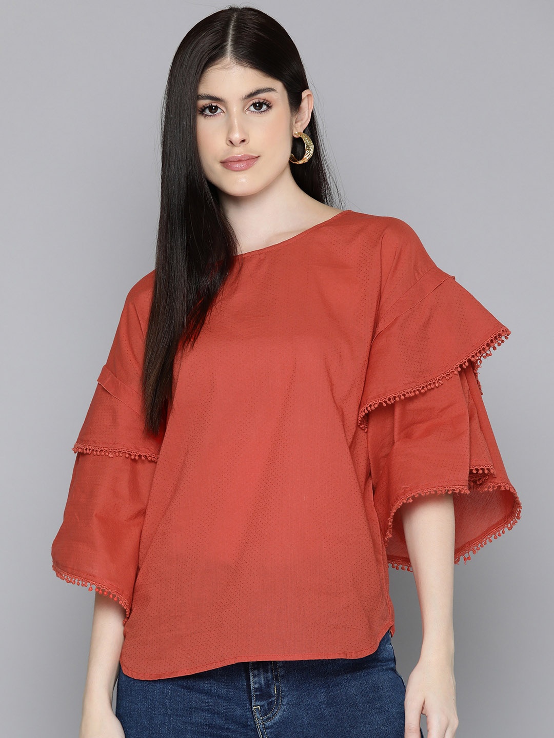 

SCOUP Flared Sleeve Cotton Top, Red