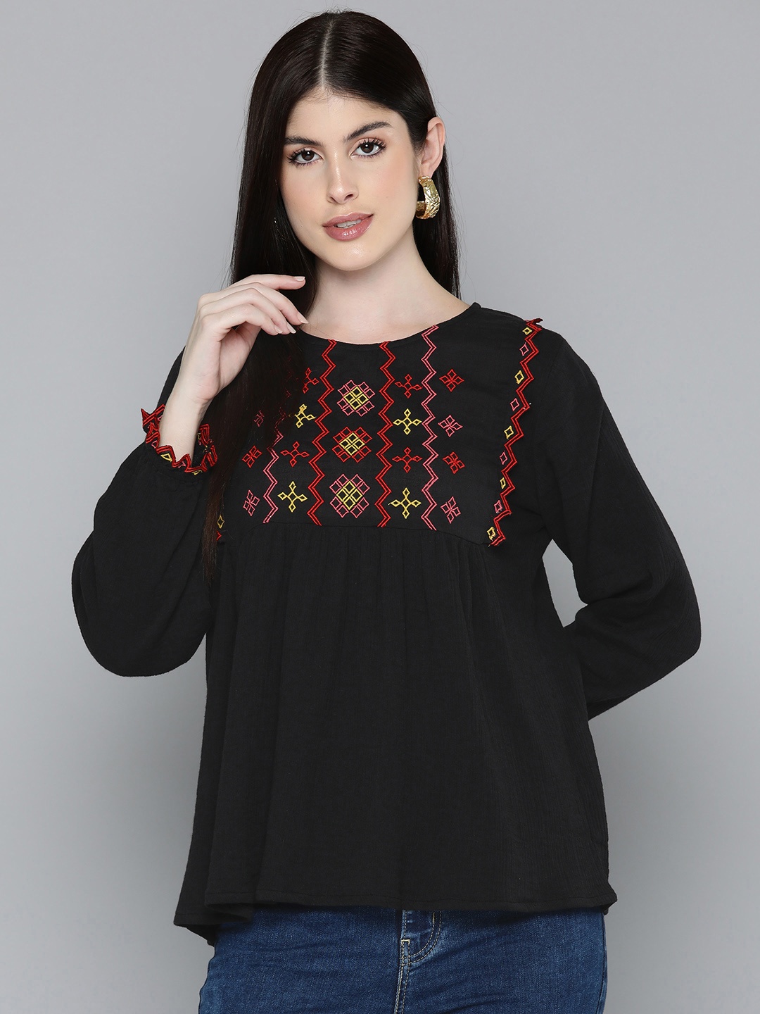 

SCOUP Embroidered Puff Sleeve Cotton Top, Black