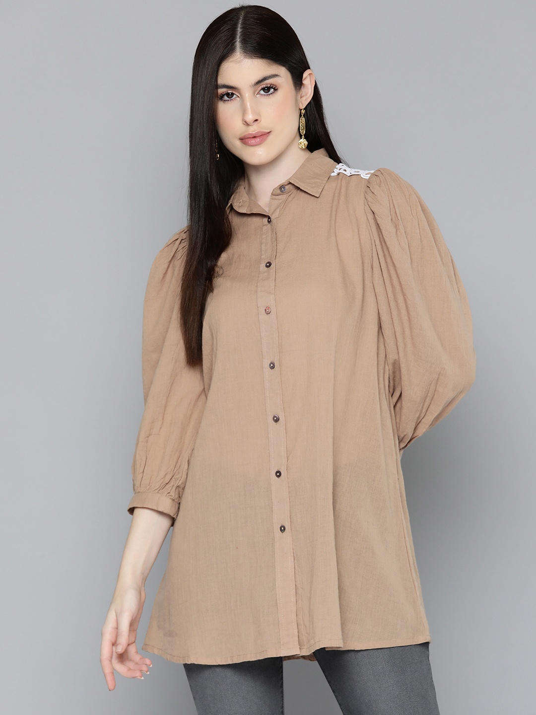 

SCOUP Shirt Collar Lace Details Cotton Tunic, Brown