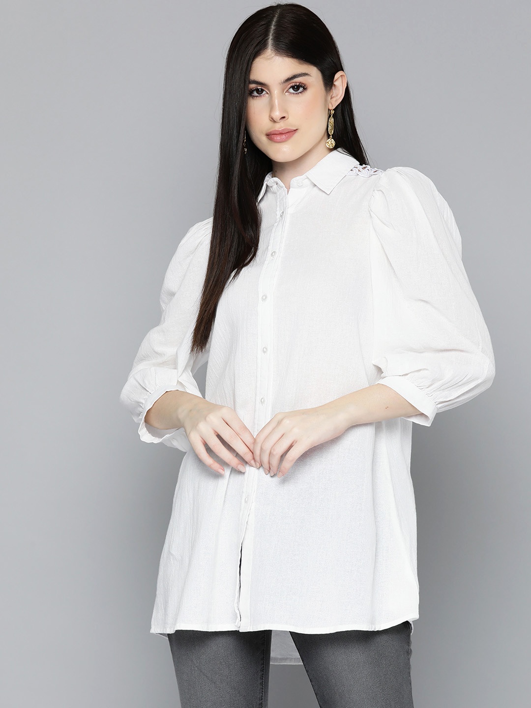 

SCOUP Shirt Collar Lace Detail Cotton Tunic, Off white