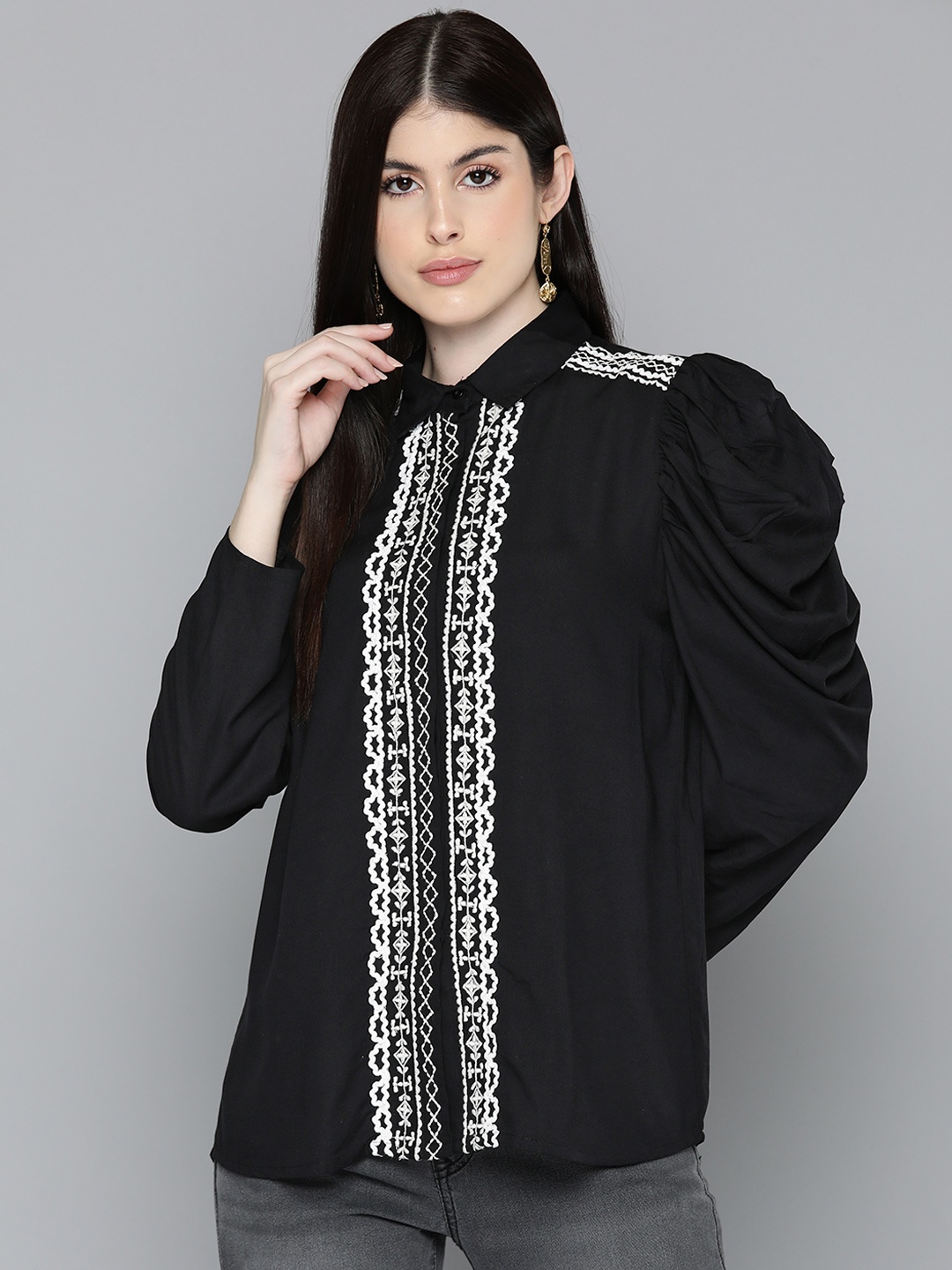 

SCOUP Embroidered Puff Sleeve Shirt Style Top, Black