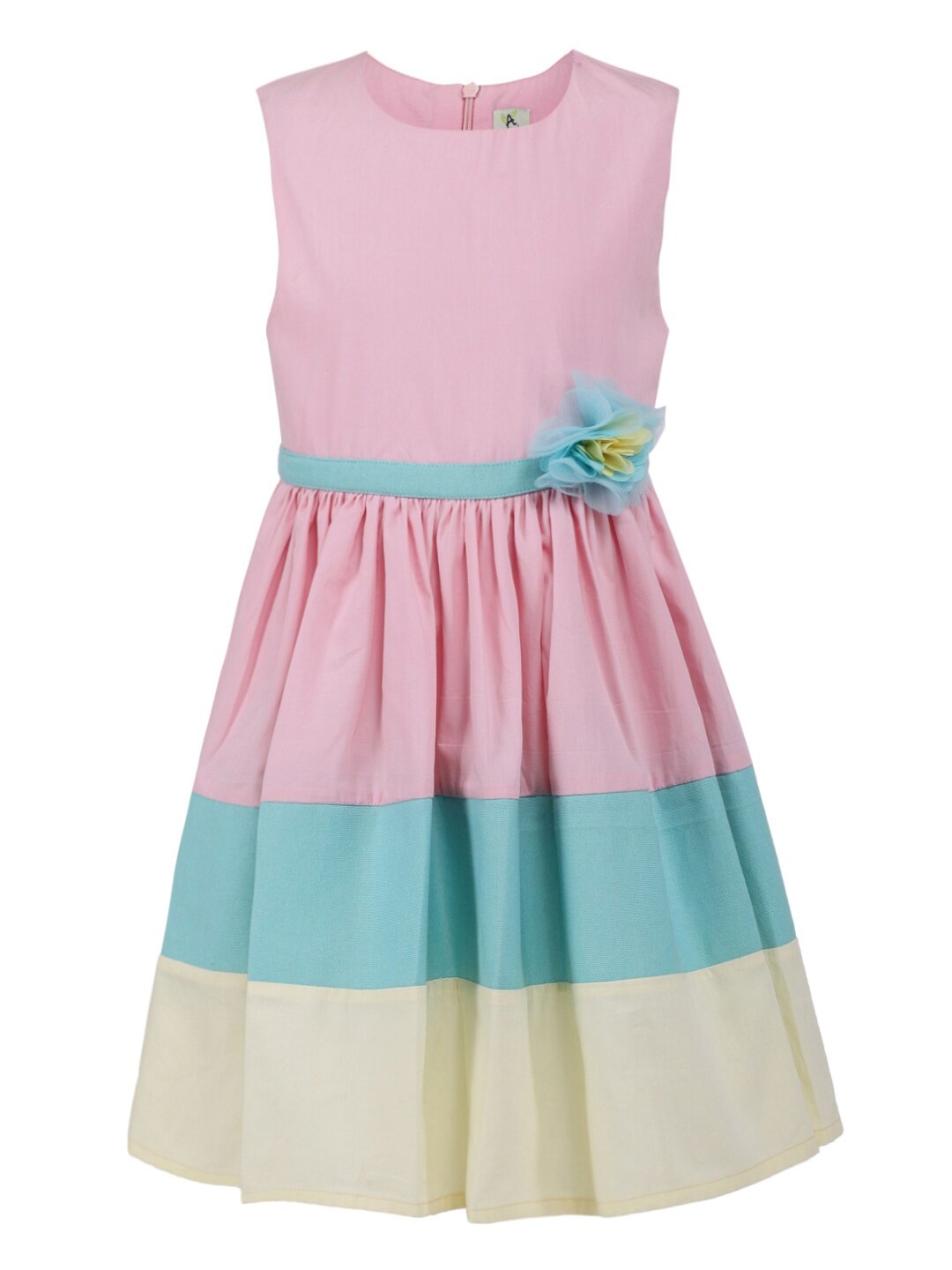 

A Little Fable Girls Colourblocked Round Neck Gathered Fit & Flare Dress, Pink