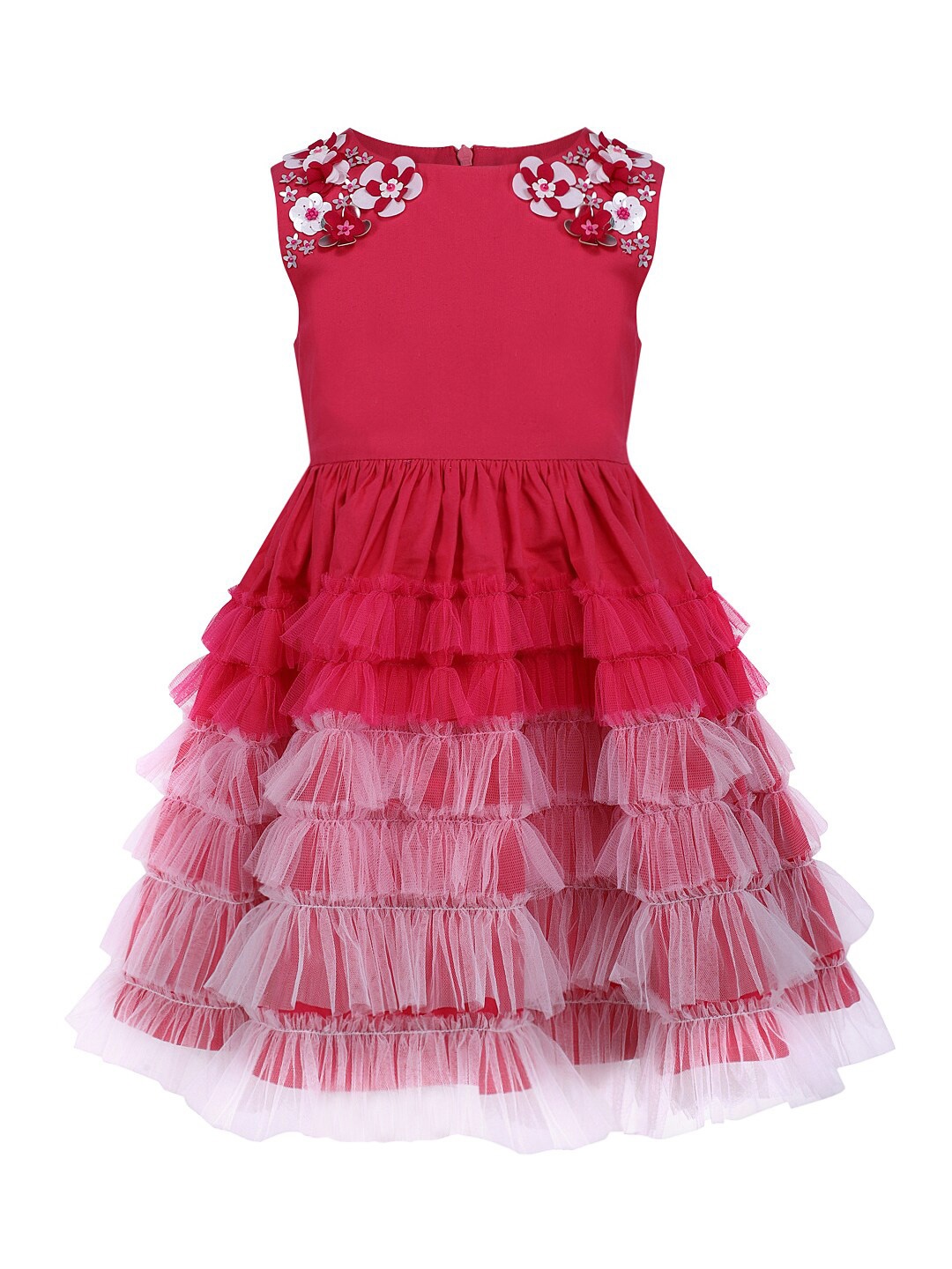 

A Little Fable Girls Embellished Round Neck Layered Fit & Flare Dress, Pink