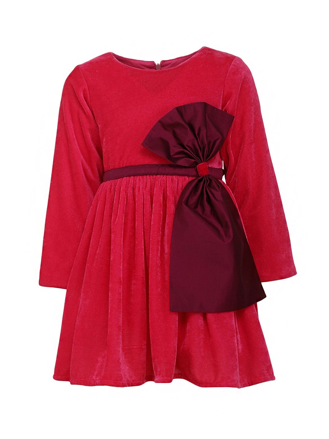 

A Little Fable Girls Round Neck Long Sleeves Bow Fit & Flare Dress, Red
