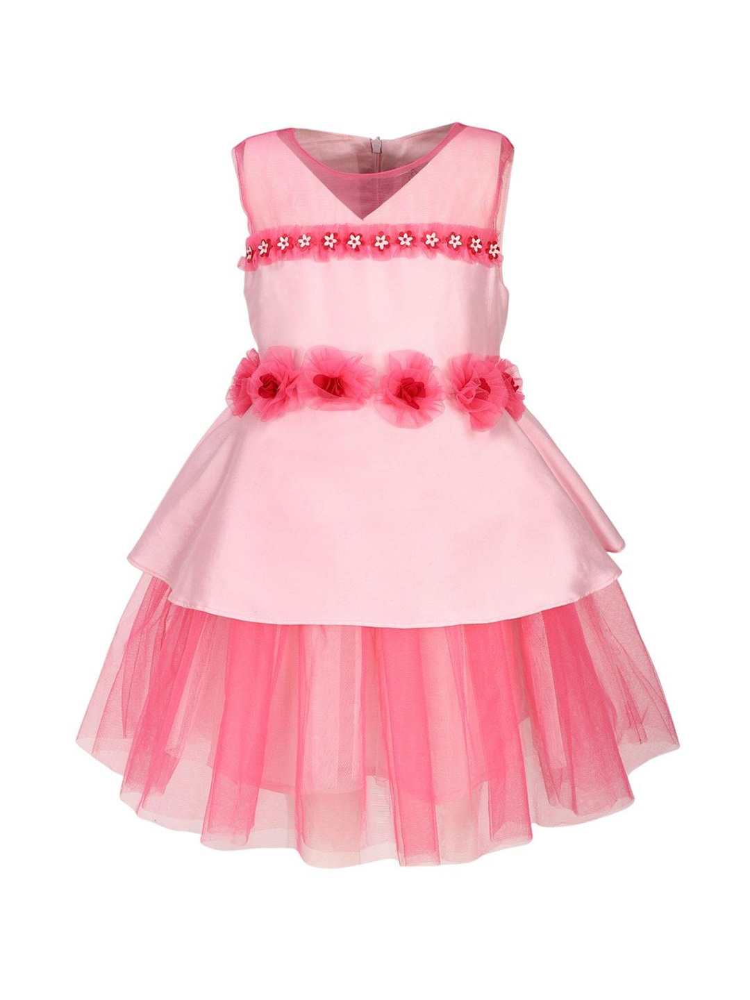 

A Little Fable Girls Embellished Round Neck Layered Fit & Flare Dress, Pink