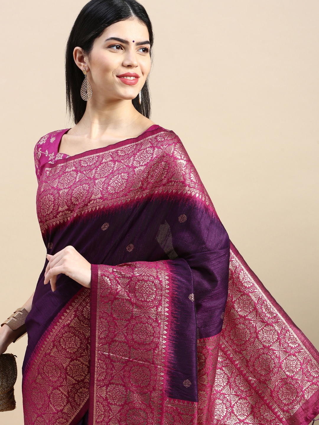 

VISHNU WEAVES Woven Design Ethnic Motifs Zari Kanjeevaram Saree, Purple