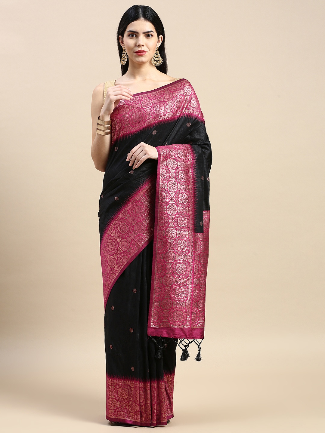 

VISHNU WEAVES Woven Design Ethnic Motifs Zari Kanjeevaram Saree, Black