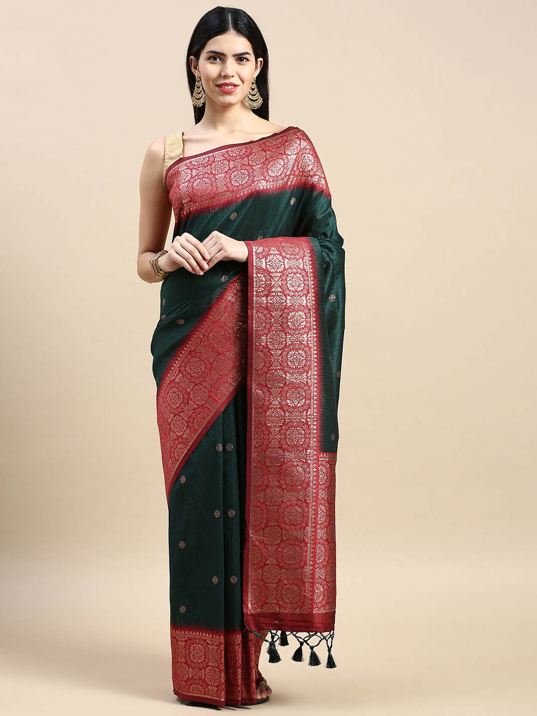 

VISHNU WEAVES Woven Design Ethnic Motifs Zari Kanjeevaram Saree, Green