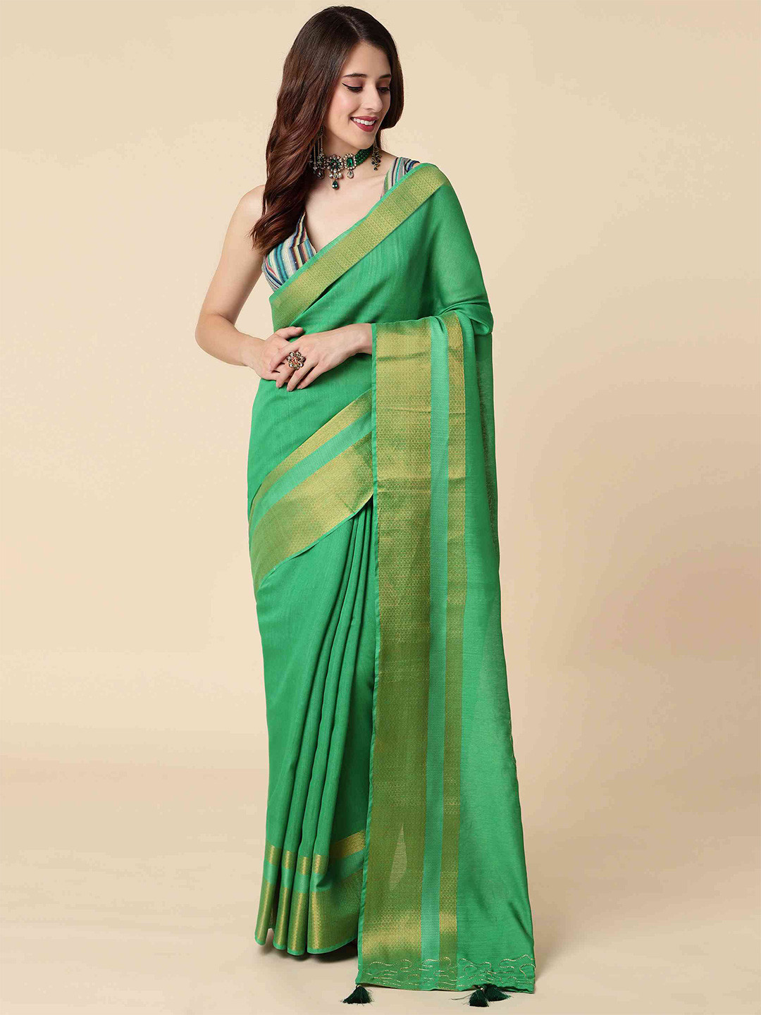 

elora Tasseled Zari Bhagalpuri Pure Cotton Saree, Green