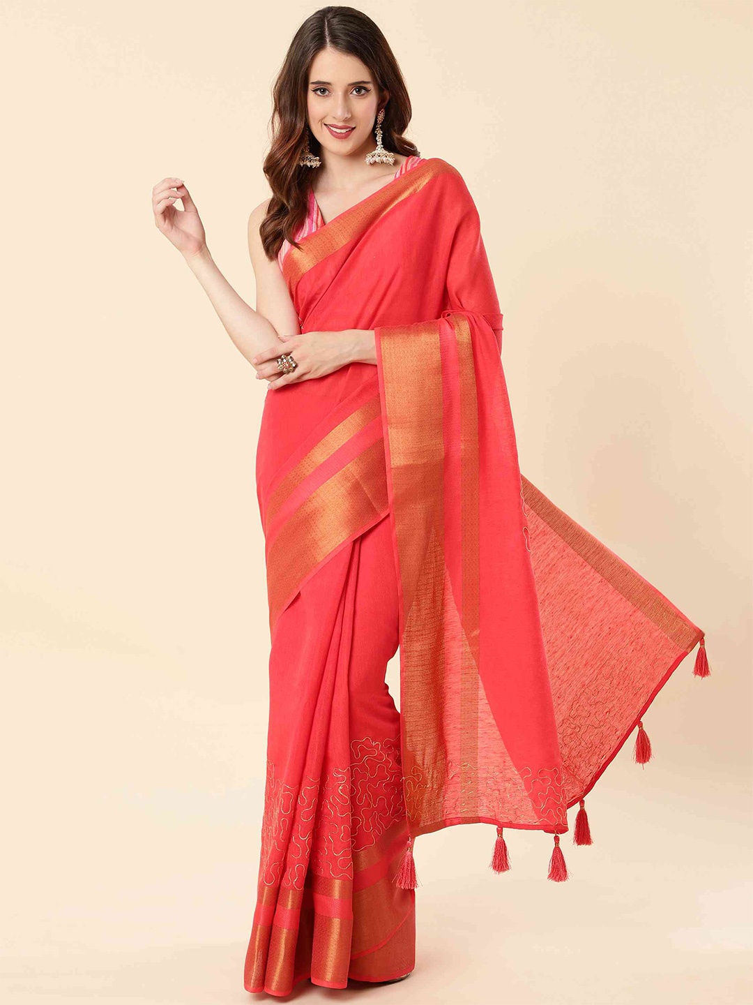 

elora Zari Pure Cotton Bhagalpuri Saree, Orange