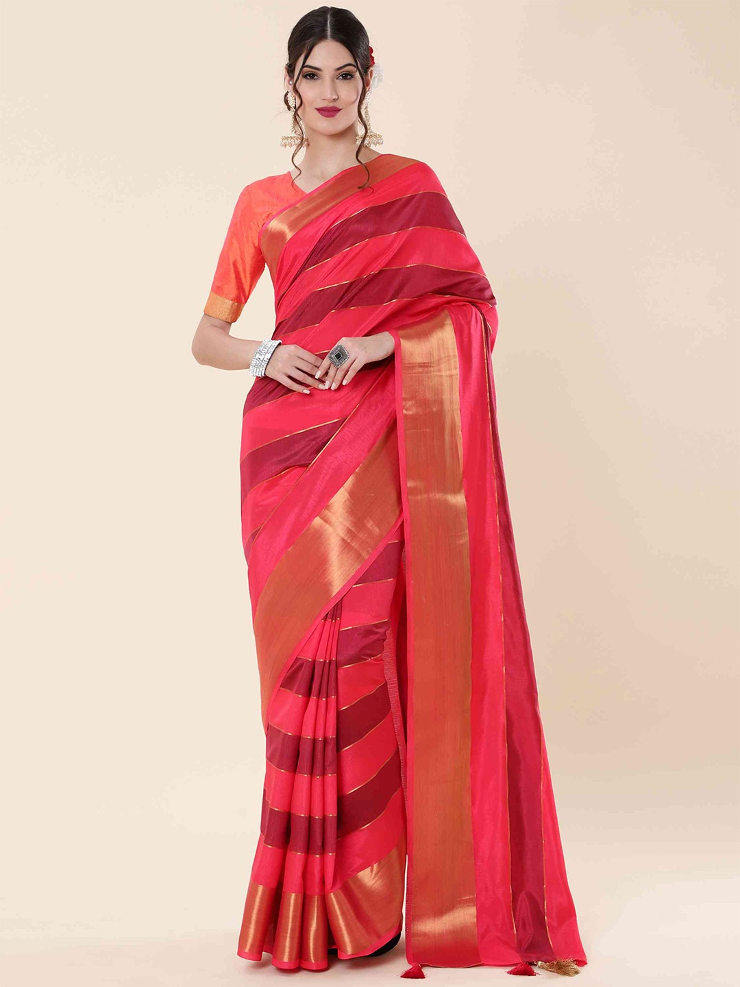 

elora Striped Zari Tasselled Bhagalpuri Art Silk Saree, Pink