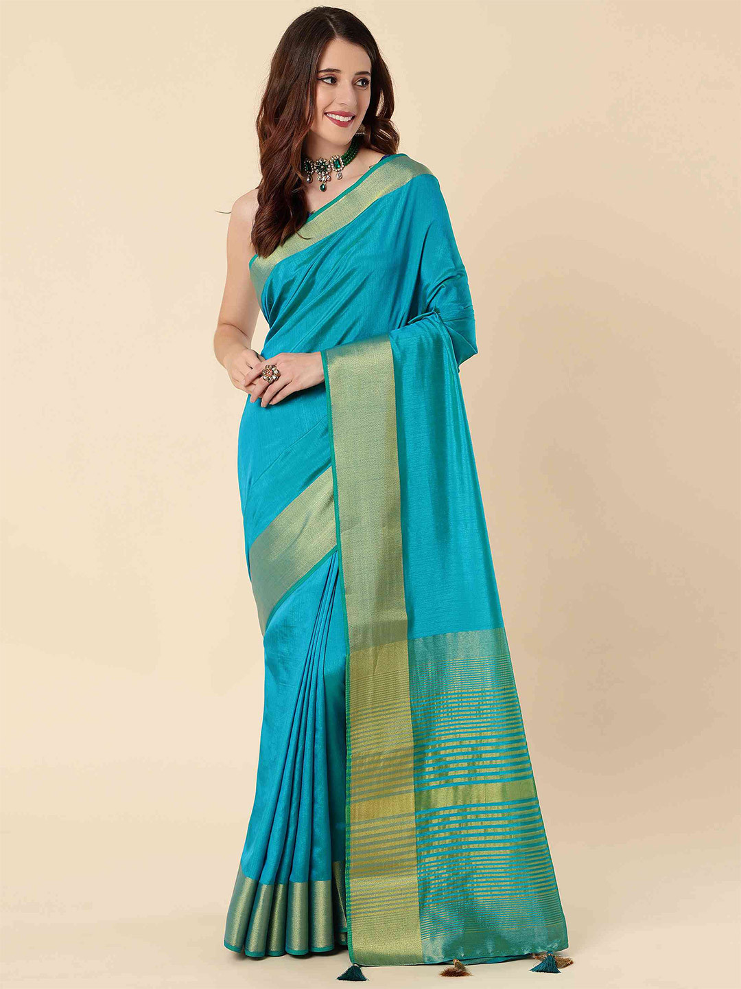 

elora Zari Bhagalpuri Saree, Turquoise blue