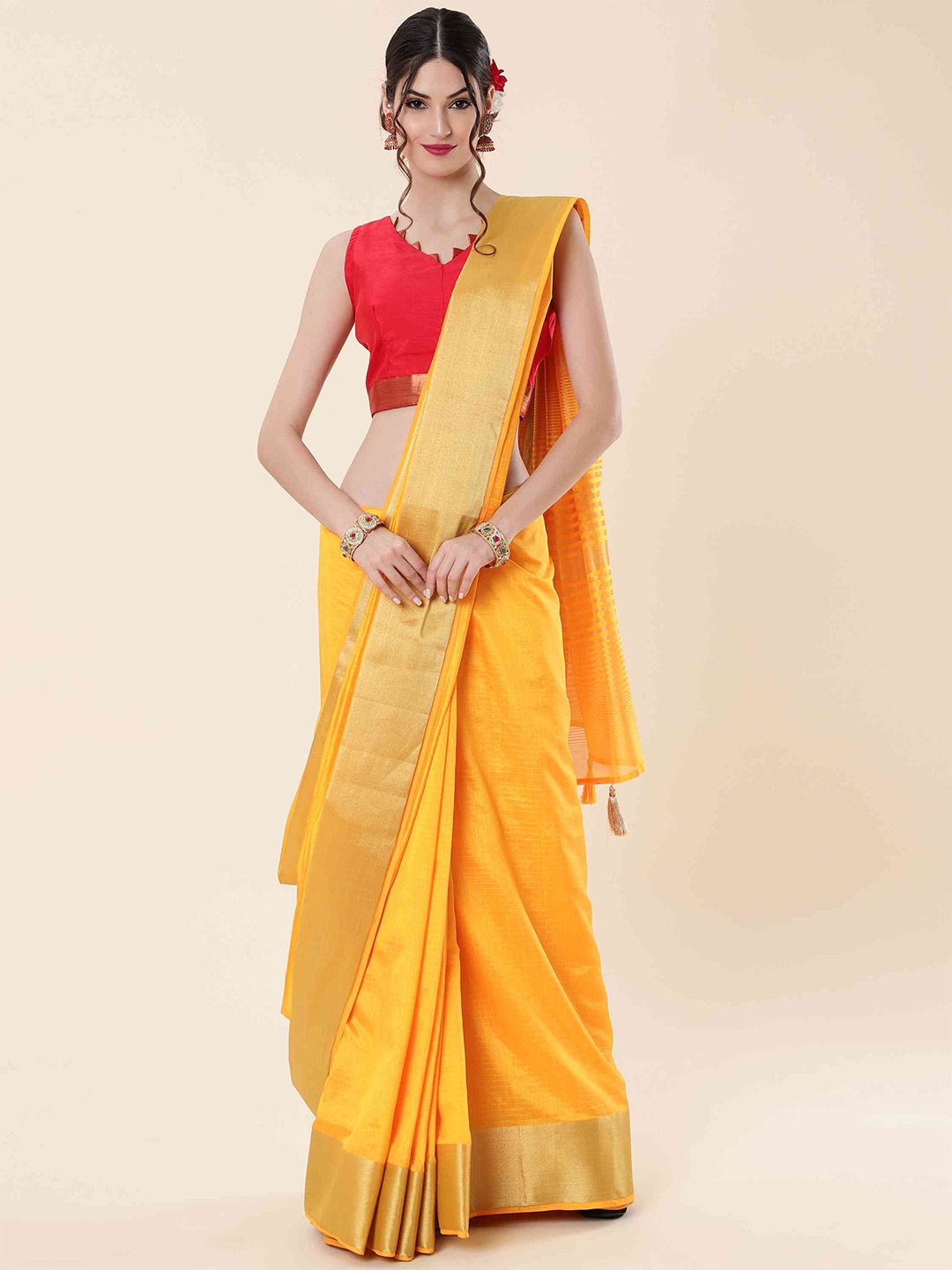 

elora Striped Zari Bhagalpuri Saree, Yellow