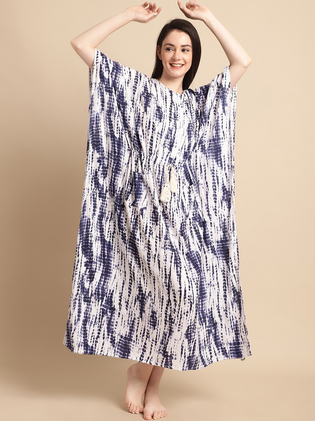 

Shararat Tie & Dye Printed Pure Cotton Maxi Kaftan Nightdress, Blue