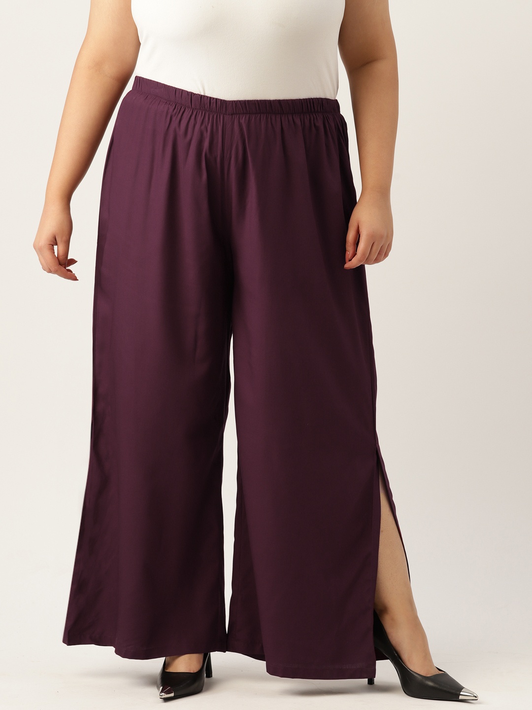 

theRebelinme Women Mid-Rise Wide Leg Plus Size Palazzos, Burgundy