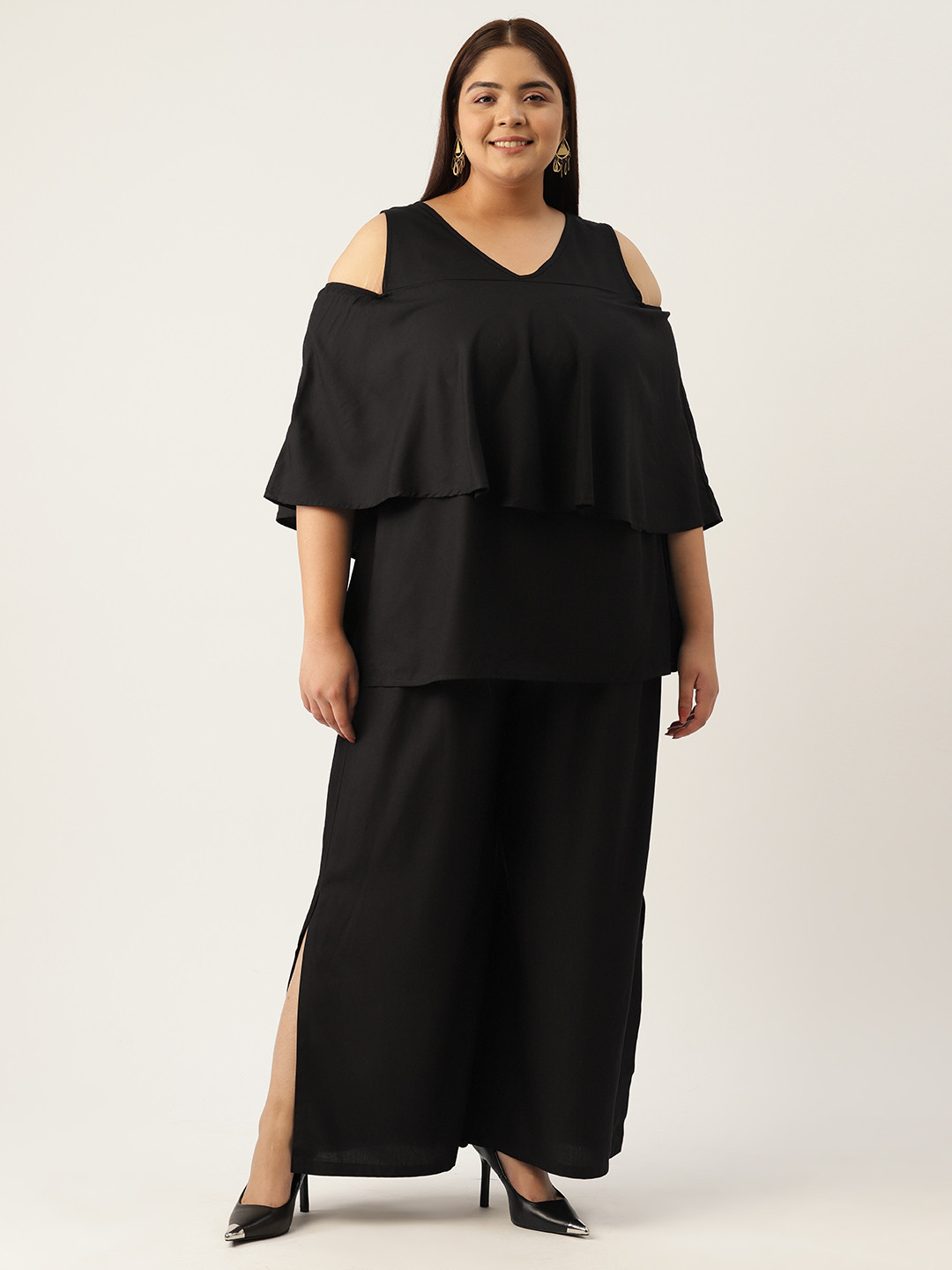 

theRebelinme Plus Size Cold-Shoulder Sleeves Longline Top with Palazzos, Black