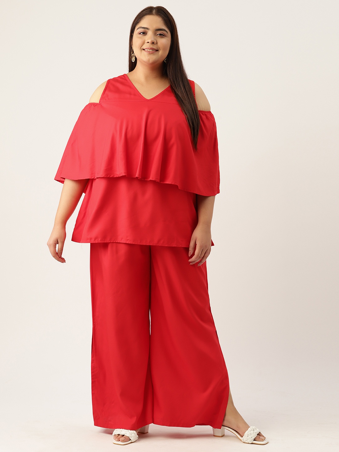 

theRebelinme Plus Size Cold-Shoulder Sleeves Longline Top with Palazzos, Red