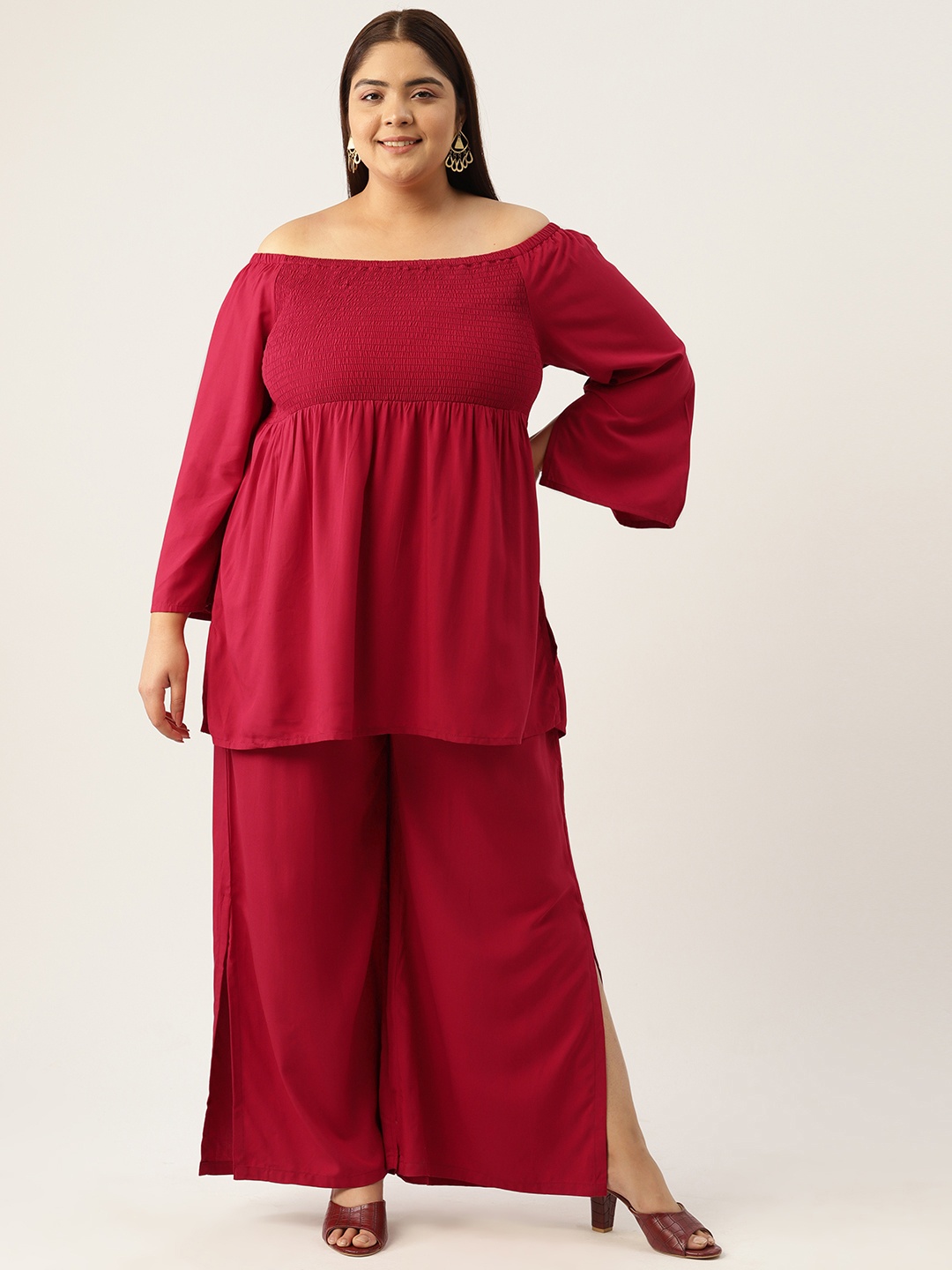 

theRebelinme Plus Size Off-Shoulder Sleeves Smocked Top with Palazzos, Maroon